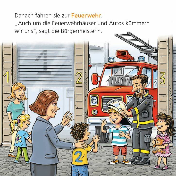 Kinder und Bürgermeisterin bei der Feuerwehr.